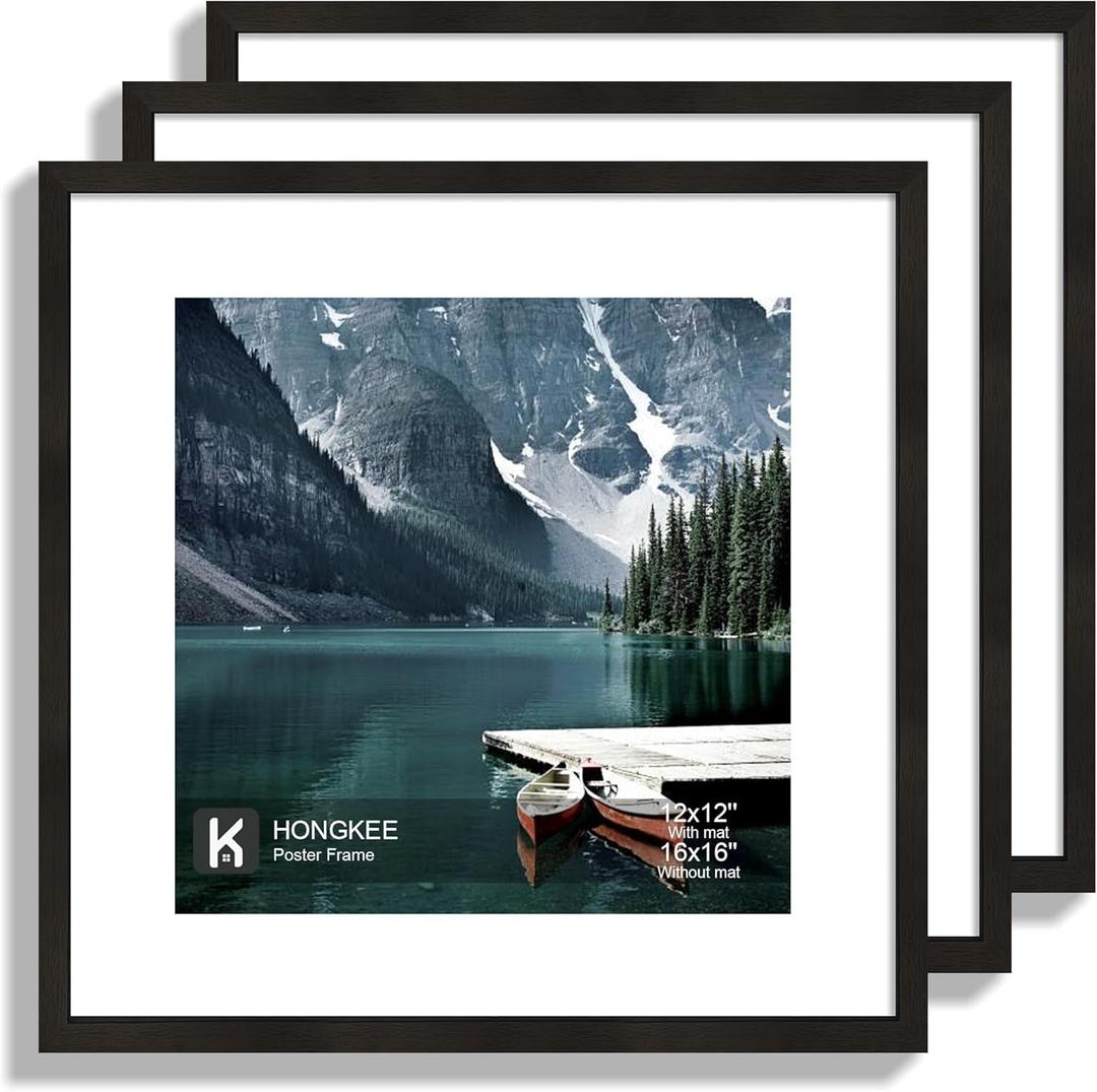 Hongkee 16x16 Square Frame Set of 3 - Display 12x12 Photo with Mat or 16 x 16 Poster without Mat, Wall Mounting Horizontal and Vertical, Black