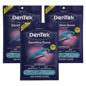 DenTek Comfort Clean Sensitive Gums Floss Picks, Soft & Silky Ribbon, 150 Count, 3 Pack