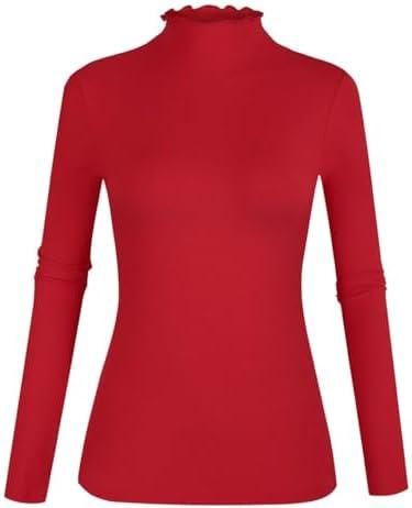 POPZONE Women's Lettuce Trim Mock Neck Long Sleeve Slim Fit Ribbed Knit Tee Shirt Tops, Red , Size M