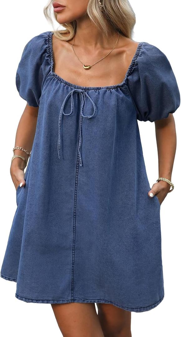 Women's Denim Mini Dress Puff Short Sleeve Square Neck Loose Jean Dresses with Pockets, 2XL