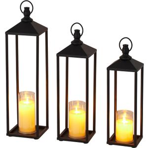22" 19" 17" Lanterns Decorative Outdoor & Indoor, Set of 3 Modern Metal Black Lantern with Flameless LED Candles, Halloween & Christmas Decorative Lanterns for Home, Patio, Porch, Garden, Floor