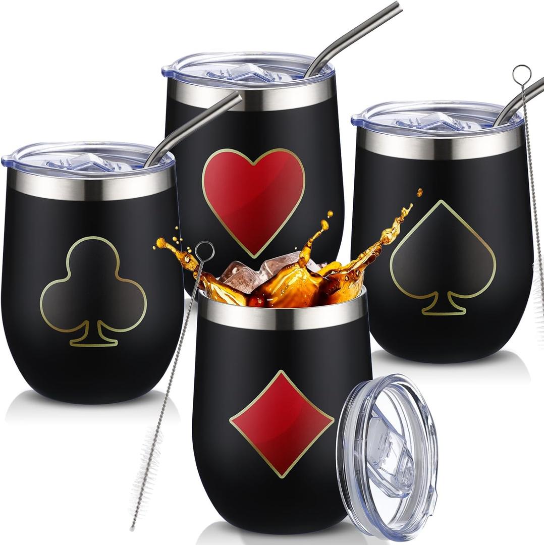 4 Pcs Casino Party Cups Pokers Glasses Stainless Steel Wine Tumblers with Lid and Straw 12 oz Casino Theme Party Decorations Poker Gifts Favors Set for Christmas Birthday Night(Poker) (Black)