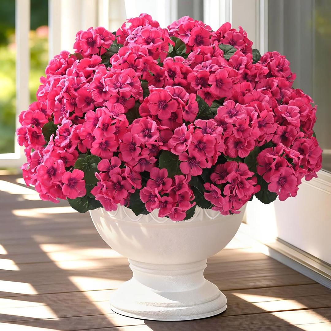 8 Bundles Artificial Flowers for Outdoors, Realistic Geraniums Fake Flowers for Decorations, UV Resistant Silk Faux Flowers Plants for Outside Garden Porch Planter Yard Patio Home Decor (Rose Red)