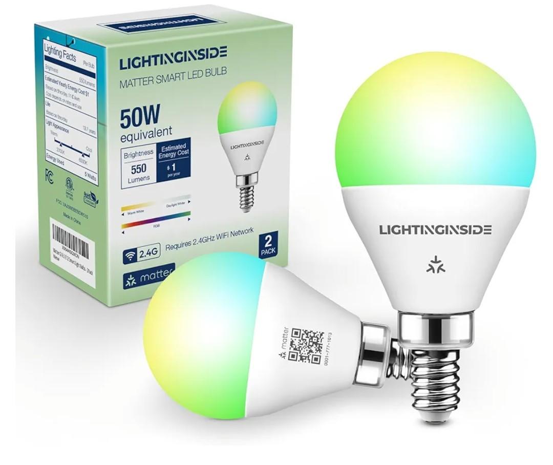 Lightinginside Matter E12 Smart Light Bulbs 50W Equivalent 5W 550LM, Compatible with Alexa/Siri/Apple Home/Google Home/SmartThings, G16.5 RGBCW Candelabra Ceiling Fan Bulb, 2.4G WiFi, ETL Listed, 2PCS