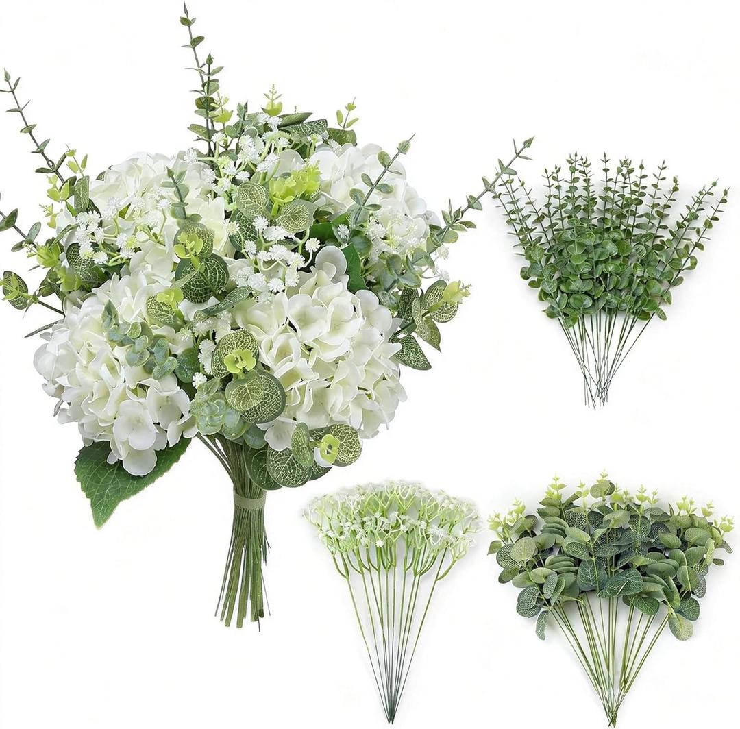 4 Kinds 55PCS Silk Hydrangea Artificial Flowers Eucalyptus Stems, Fake Flower Suitable for Vase Bedroom Kitchen Decor Home Party Table Wedding Decor DIY Floral Decoration