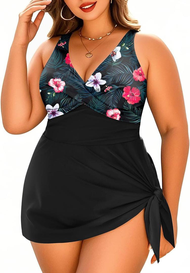 Daci Plus Size Swim Dress - One Piece Swimsuits Tummy Control Bathing Suits Flowy Asymmetrical Swimwear with Bottom Built in (Black and Flower, 22W)
