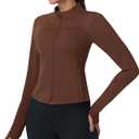 MIER Womens Workout Jackets Full Zip Up Cropped Slim Fit Lightweight Athletic Running Track Gym Tops, Thumb Holes & Pockets (Brown, XL)