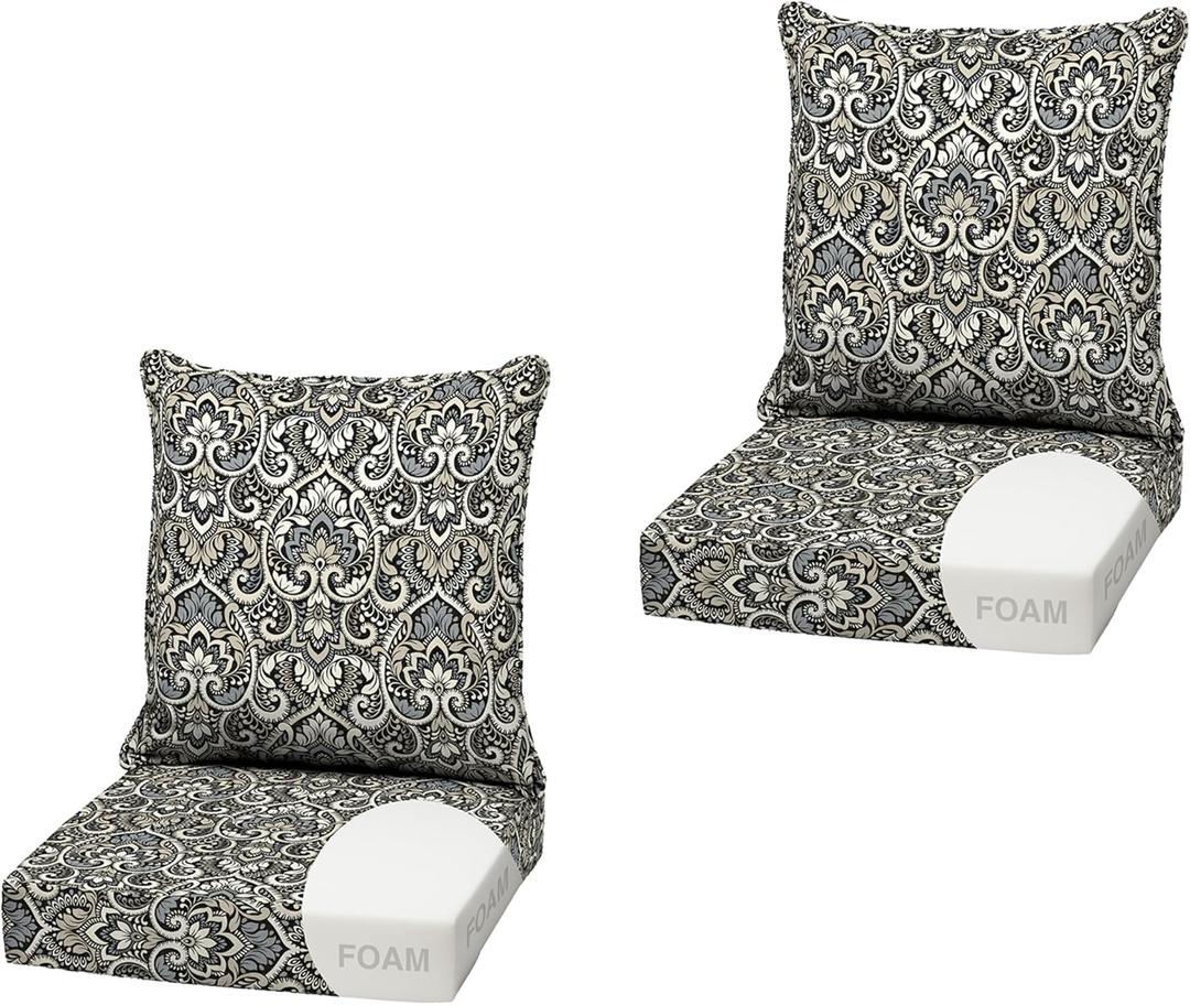 Arden Outdoor Deep Seat Cushion Set, Foam, 2-Pack, 22x24, Black Damask
