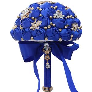 Bridesmaid 7 Inch Holding Wedding Bouquet Bride Satin Rose Crystal Rhinestone Brooch Bridal Bouquet for Indoor Outdoor Resort Church Wedding Bridal Shower Quinceanera (Royal Blue)