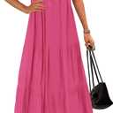 KIRUNDO Summer Maxi Dresses for Women 2026 Spring Fashion Short Sleeve Button V Neck Pleated Loose Tiered Swing Flowy Dress M
