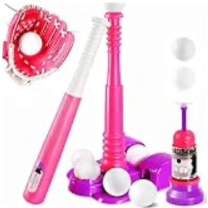 Erixazs Tball Set for Kids, Pink T Ball Sets for Toddlers 1-3 Girls, Baseball Toys with 6 Balls/Glove/Pitching Machine/Bat/Tee, Outdoor Sports Gifts for Girls(Pink)