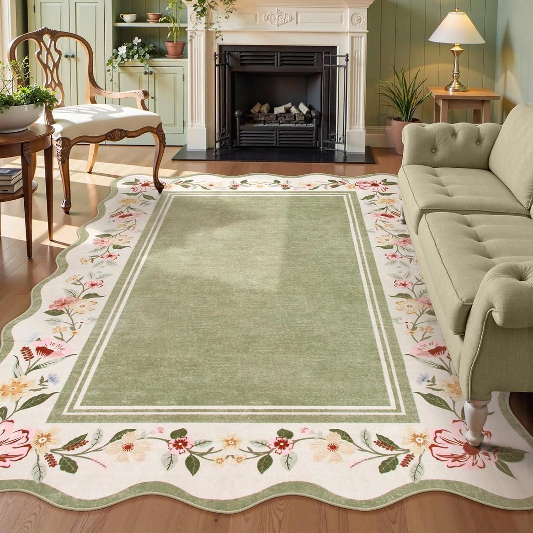 Lahome Scalloped Rug Green Living Room Rugs 8x10,Non-Slip Soft Bedroom Rugs Stain Resistant, Floral Bedroom Rug 8x10 Under Bed Carpet for Nursery Playroom Dining Room Ariele