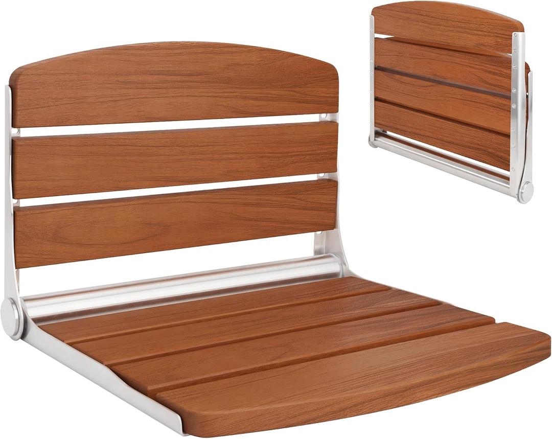 Folding Shower Seat Bench Wall Mounted Teak Foldable Shower Seat Chair for Inside Shower Fold Down for Small Spaces, Teak Wood 400lbs Max Load for Inside Shower 17.5"