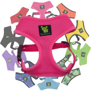 EcoBark Dog Harness  EcoFriendly Max Comfort Harnesses  Luxurious Soft Mesh Halter  Over The Head Harness Vest No Pull and No Choke for Puppy, Small Breeds & Medium Dogs (Large, Fuchsia Pink)