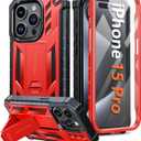 FNTCASE for iPhone 15 Pro Case: Military Grade Drop Proof Rugged Protective Cell Phone Cover with Kickstand & Built-in Protector | Matte Textured Shockproof TPU Hybrid Bumper Cases (Red)