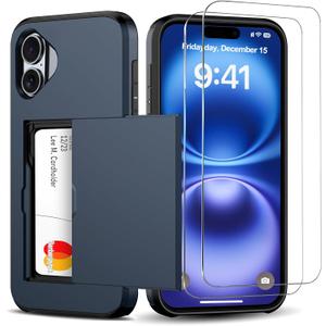 for iPhone 16 Wallet Case with Card Holder + 2 Tempered Glass Screen Protector Protective Dual Layer Shockproof Hidden Card Slot Slim Case Women Men iPhone 16 6.1 inch 2024 (Blue)