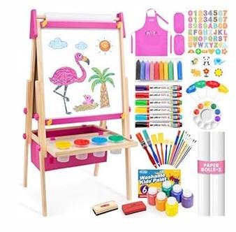 Art Easel for Toddlers Kids, Adjustable Standing Art Easel with Magnetic Chalkboard & Whiteboard, DryErase Board, Paper Roll, Drawing & Painting Easel for Kids Ages 3 48 912, Pink w/Bag