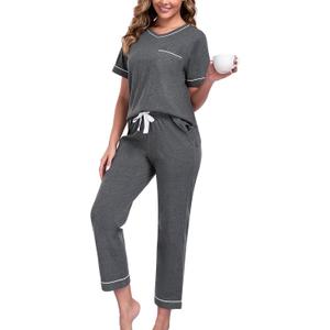 EA'S SECRET 100% Cotton Pajamas for Women Set V Neck Loungewear Pajama Pants Womens Lounge Sets Pjs Sleepwear with Pockets (Large, Deep Grey)
