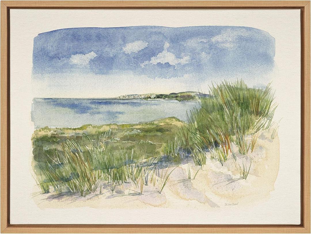 Kate and Laurel Sylvie by The Sea Framed Linen Textured Canvas Wall Art by Patricia Shaw, 18x24 Natural, Coastal Art for Wall