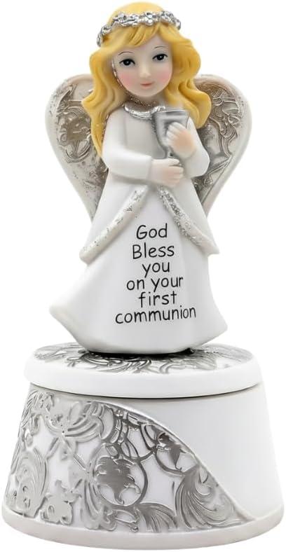 Comfy Hour First Communion Angel Figurine Keepsake Box with Cross Necklace, Christian Catholic Prayer with Chalice, Artisan Crafted Resin Religious Statue for Baptism & Holy Communion