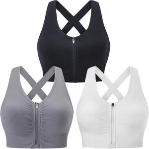 Evercute Zip Front Post-Surgery Bra Women's Wireless Sports Bras Padded Strappy Medium Support Yoga Exercise Athletic Bras (3X-Large, Black White Gray 3 Pack)