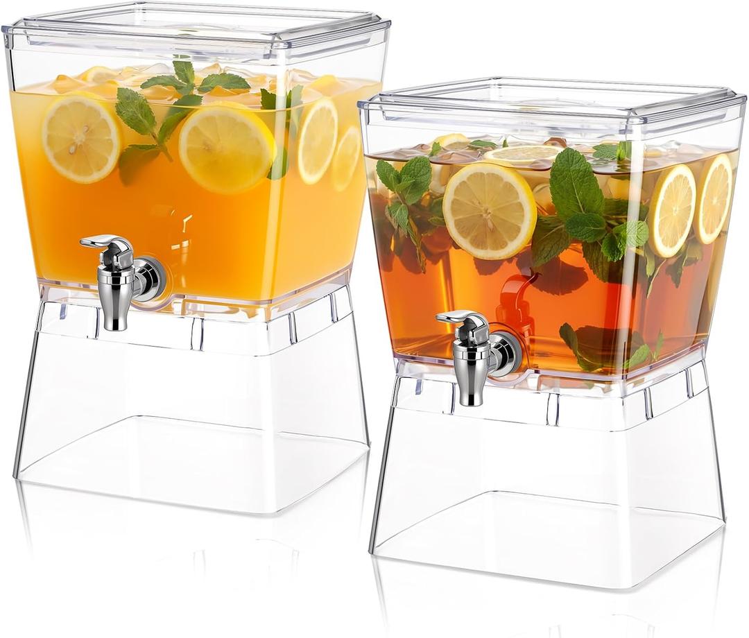 FillTouch 2 Pcs 1.5 Gallon Drink Dispensers for Parties Clear Plastic Beverage Juice Lemonade Dispensers Leak Proof Drink Containers with Stand and Spigot for Iced Tea Mimosa Bar Fridge Countertop