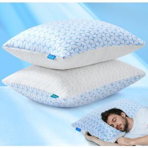 Firm Pillow Shredded Memory Foam(Adjustable Loft), Cooling Supportive Side Sleeper Pillows for Sleeping Standard Size Set of 2, Washable Removable Cover, Gifts for Dad Mon, CertiPUR-US Certified