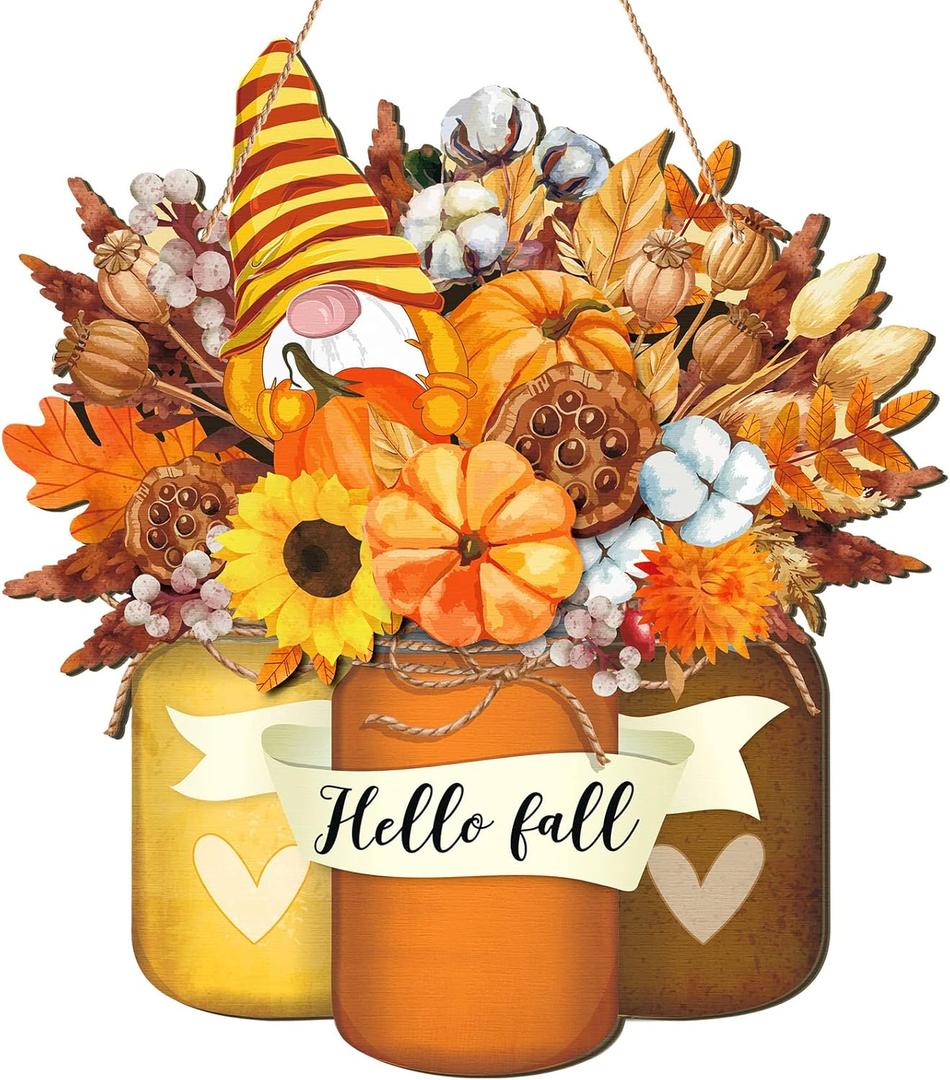 Geetery Thanksgiving Door Signs Vintage Hello Fall Front Door Decoration Autumn Gnome Sunflower Pumpkin Wooden Hanging Signs for Fall Home Front Porch