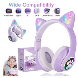 Kids Headphones,Cat Ear Bluetooth Headphones with Microphone/RGB LED Light Up,Foldable Stereo Over-Ear Headphones for Kids Tablet/School/Pad/Smartphone,Purplre