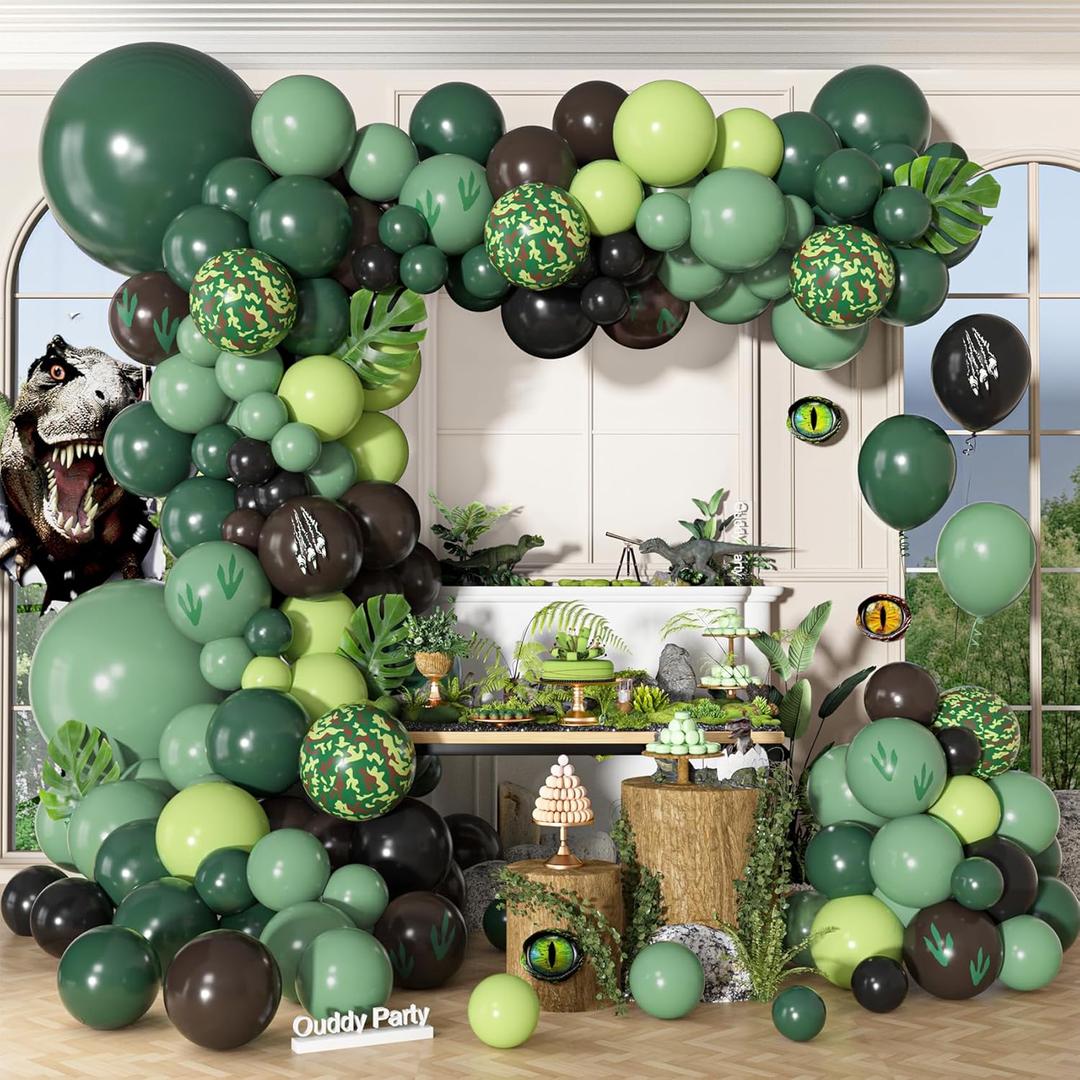 170Pcs Dinosaur Balloons Garland Arch Kit, Hunter Sage Green Brown Black Light Green Paw Printed Balloons for Kids Boys Dinosaur Birthday Jungle Safari Three Rex Dino Party Decorations Supplies