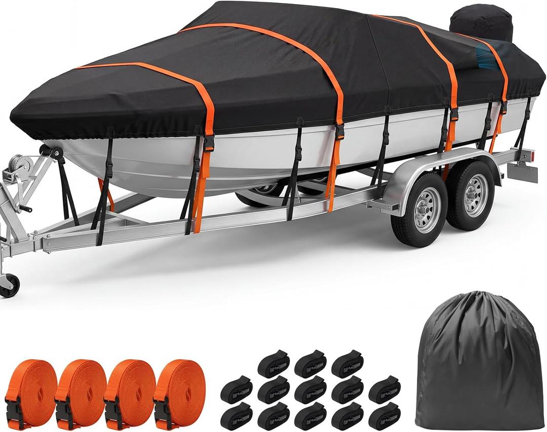 Kohree Boat Cover 16-18.5ft, Heavy Duty 1200D Marine-Grade Waterproof, Extra 4 Extended Straps, Trailerable & Wind-Resistant, Fits V-Hull, Fish & Ski, Pro-Style, Runabout, Bass Boats, up to 94" Wide