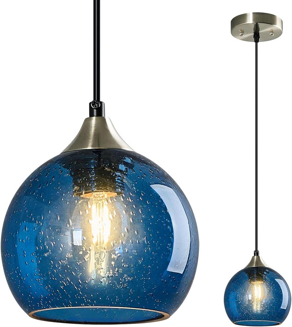 Blue Glass Pendant Lights Kitchen Island Lighting Globe Pendant Light Fixtures Modern Pendant Lighting for Kitchen Island Bedroom Living Dining Room Light Fixture(5.9in, 1-Pack)