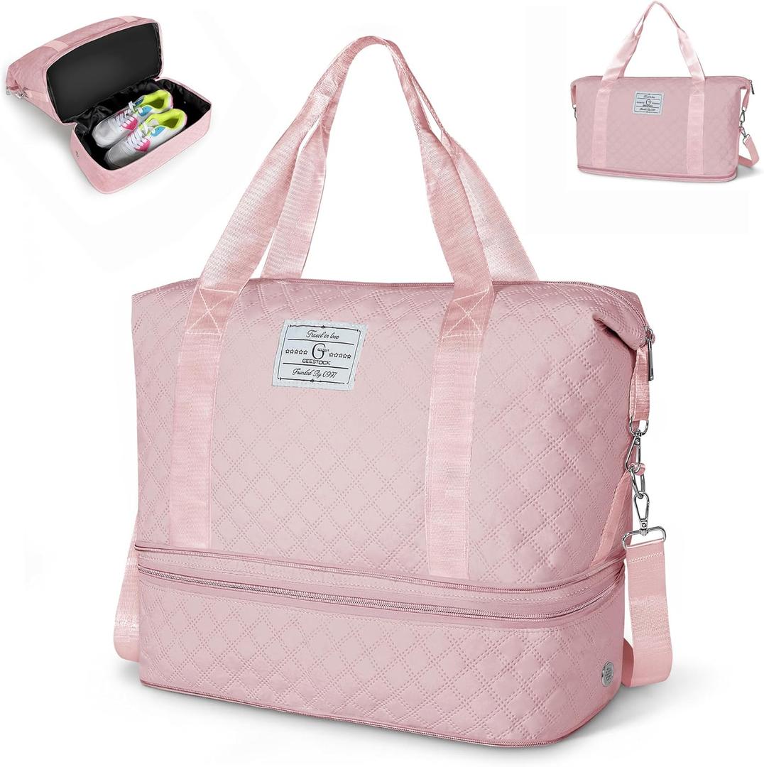 Geestock Weekender Bag with Shoe Compartment for Women, Expandable Overnight Duffle Bag, Carry On Personal Item Bag for Travel, Gym, Hospital, Included Storage Pouch & Adjustable Straps, Pink