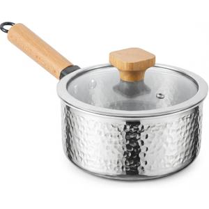WANGYUANJI 1.8 Quart Stainless Steel Saucepan with Lid, Tri-Ply Steel Small Sauce Pan, Coating-Free Interior, Hammered Finish, Induction Compatible Soup Pot with Tempered Glass Lid & Wood Handle