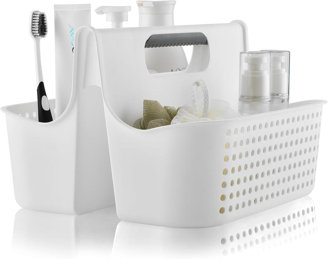 ALINK Portable Plastic Shower Caddy Basket, Large Cleaning Supply Caddy Organizer Storage Tote with Handle for Bathroom, College, Self, Cabinet, Dorm Room Essentials - White