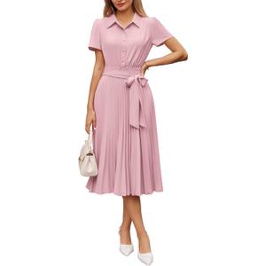 GRACE KARIN Women's 2026 Summer Midi Work Dress Short Sleeve Button Shirt Dresses A Line Pleated Belt Business Casual Dresses (Pink, S)
