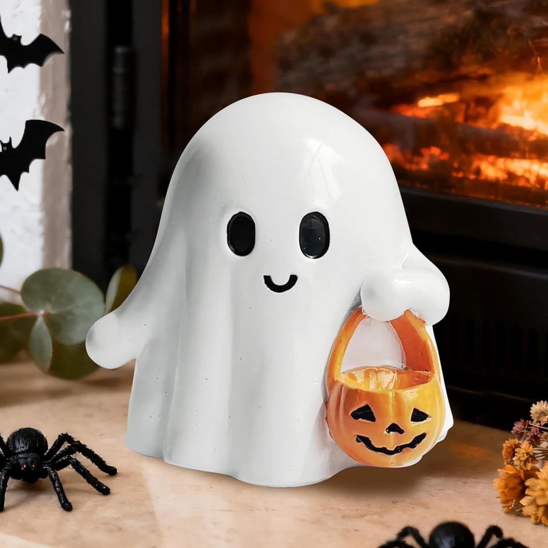 Halloween Ghost Figurine with Pumpkin Bucket, Resin Polished Cute Ghost Statue, Small Tabletop Halloween Ghost Decor for Home, Office, Tiered Tray, Fall Spooky Party Ornament