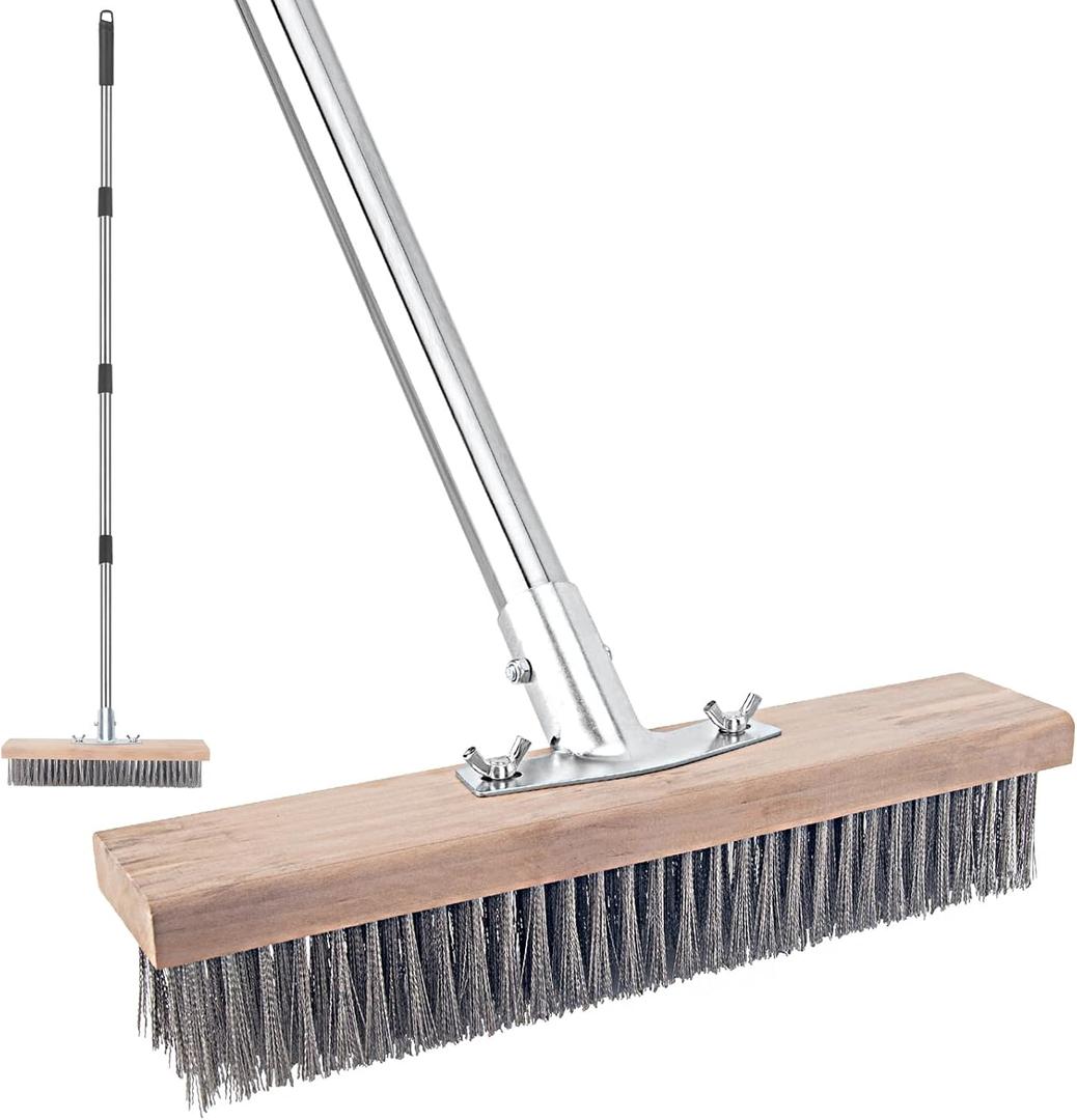 Stainless Steel Wire Scrub Brush with Long Handle for Deck, Concrete, Patio Floor Cleaning, 59'' Heavy Duty Stiff Metal Bristle Scrubber Broom for Outdoor Moss Removal