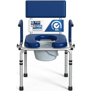HolyHeal Drop Arm Bedside Commode, Commode Toilet with Padded Seat and Backrest, 400lbs Capacity, 5.3QT Removable Bucket and Splash Guard, Adjustable Height Portable Toilet for Adults, Blue