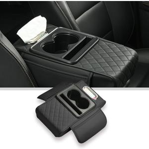Car arm Rest Cover Pad, 5-in-1 Center Console Cover with Cup Holder, Tissue Box Slot, Mobile Phone Storage Slot, Suitable for Most Car Console Organizer, 13.8''x7.1''x3.0'', (Black)