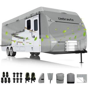 Umbrauto RV Cover Fits 22-24ft Travel Trailer: Lightweight, Waterproof Camper Cover for Toy Hauler, Winter Campsite, with Gutter Covers, Tongne Jack Covers, Windproof Straps
