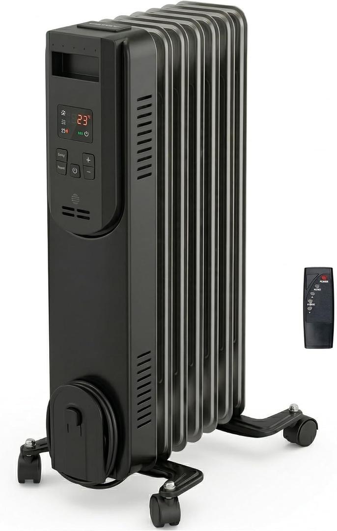Comfort Zone 1500W Digital Oil-Filled Radiator Heater – Portable Electric Space Heater with Remote, 12H Timer & 360° Swivel Wheels – Silent Radiant Heat with Adjustable Thermostat – Black