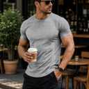 JMIERR Mens Short Sleeve T Shirt Summer Muscle Slim Fitted Crewneck Longline Tees Shirts for Gym Workout (Gray, XXXL)