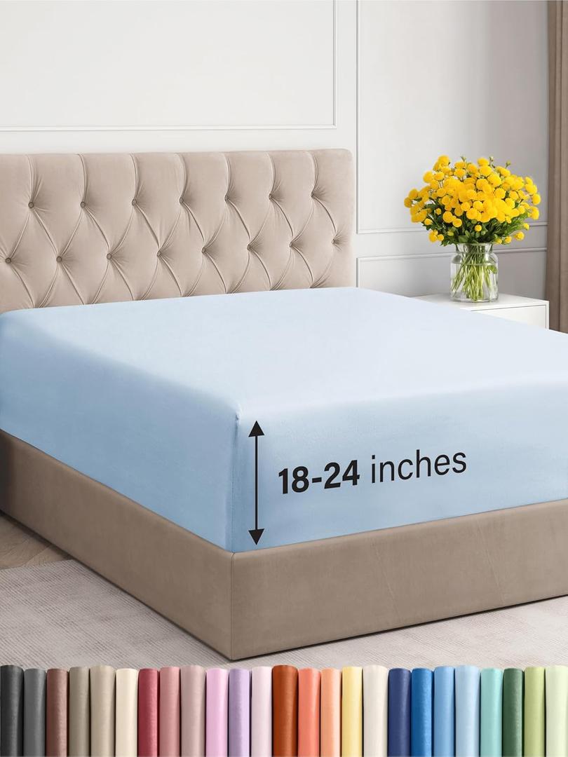Extra Deep Cal King Fitted Sheet - Hotel Luxury Single Fitted Sheet Only - Easily Fits 18 inch to 24 inch Mattress - Ultra Soft, Wrinkle Free with Extra Deep Pockets - Breathable & Comfy - Sky Blue