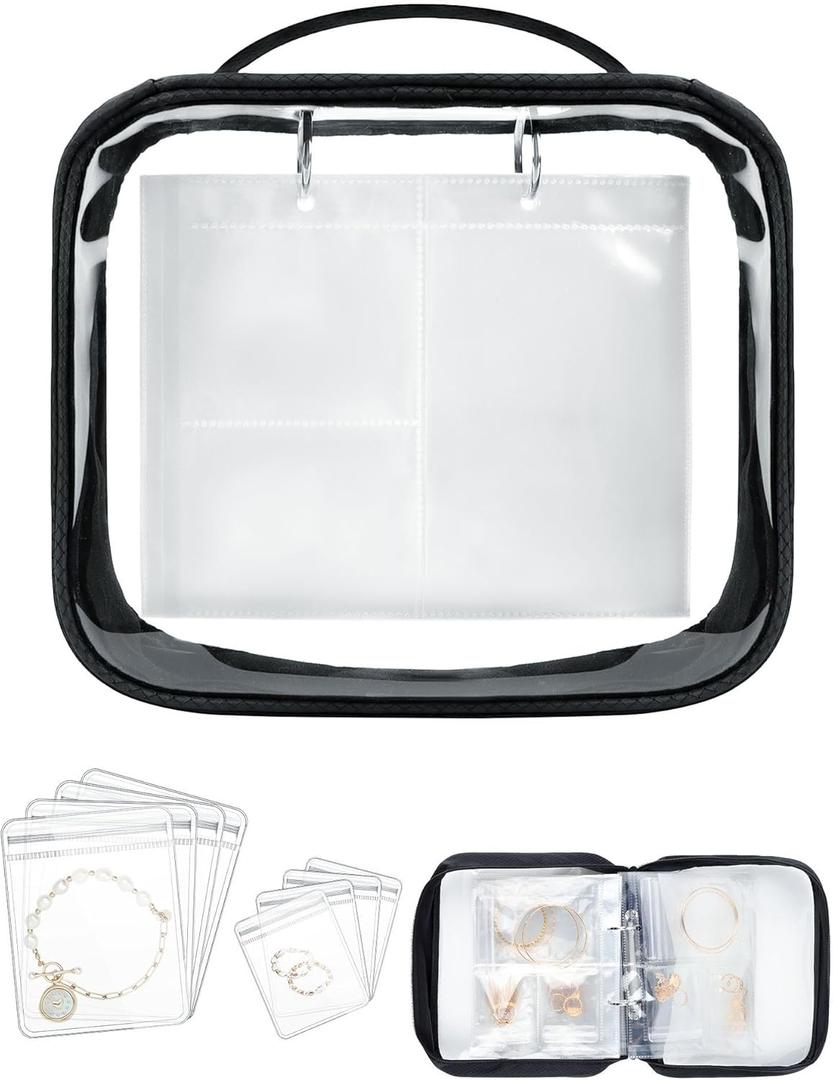 Travel Jewelry Organizer  Transparent Zippered Holder Portable Storage Book for Earrings, Rings, Necklaces, Bracelets Includes 48 Small & 24 Large Anti-Tarnish Bags