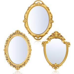 3 Styles Vintage Gold Mirror Set Decorative Oval Wall Mirror Small Antique Aesthetic Hanging Mirror Retro Wall Mirror for Bedroom Living Room Dresser Decor