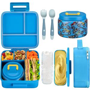 Bento Lunch Box for Kids With 8oz Soup thermo,Leak-proof Lunch Containers with 5 Compartment,thermo Food Jar and Lunch Bag, Food Containers for School (A-Blue(Extreme Locomotive))