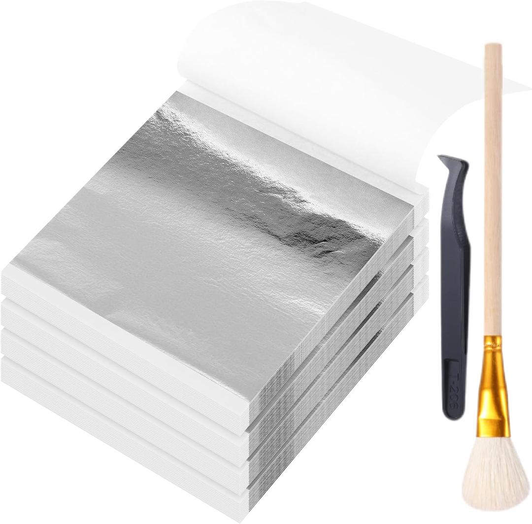 Maitys 400 Pcs Imitation Gold Leaf Sheet, for Art Silver Foil Sheet Set with Brush and Nipper for Painting Gilding Picture Frame Sculpture DIY Craft Decoration Furniture, 3.5 x 3.5 Inches(Silver)