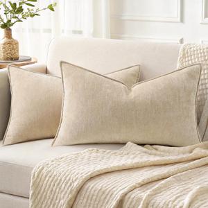 decorUhome Summer Couch Throw Pillow Covers 12x20 Set of 2, Decorative Soft Velvet Modern Cozy Chenille Lumbar Pillow Cases with Elegant Design for Sofa Bed Living Room Home Decor, Beige