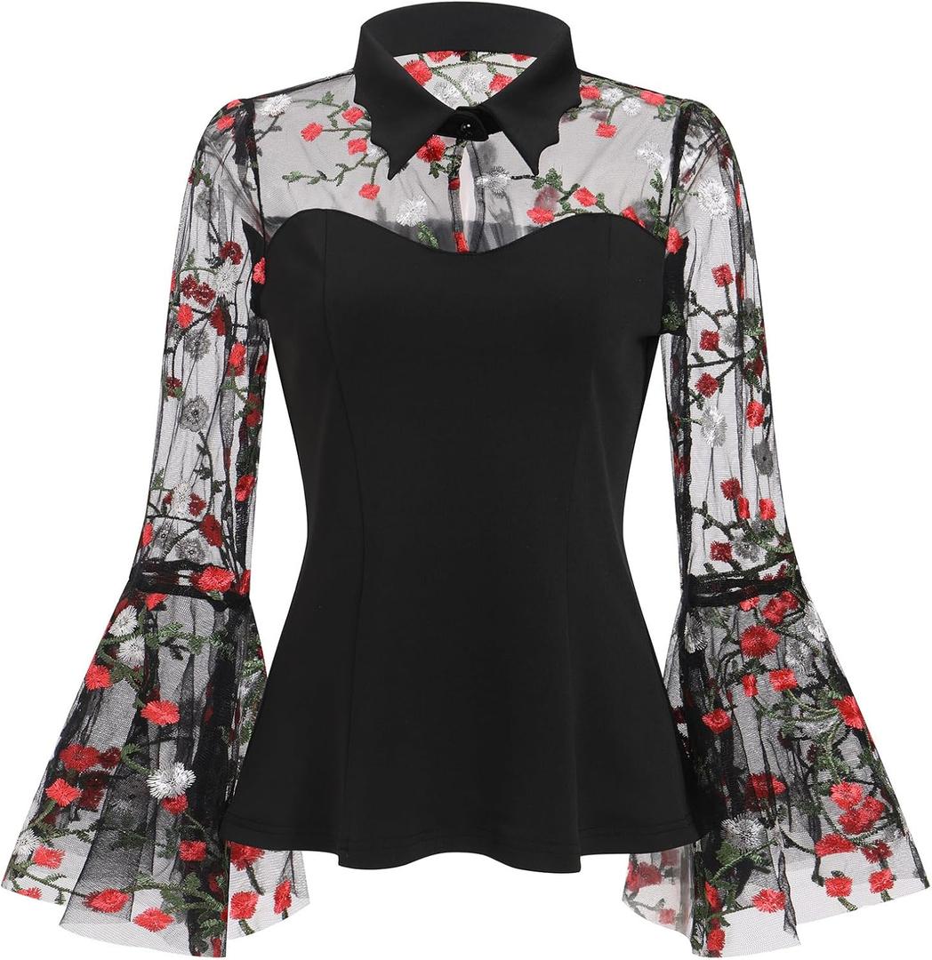 Mesh Sheer Bell Sleeve Gothic Tops for Women Goth Blouses Vintage 1950s Ilusion Punk Victorian Blouse Halloween Casual Shirts (Medium, Floral)